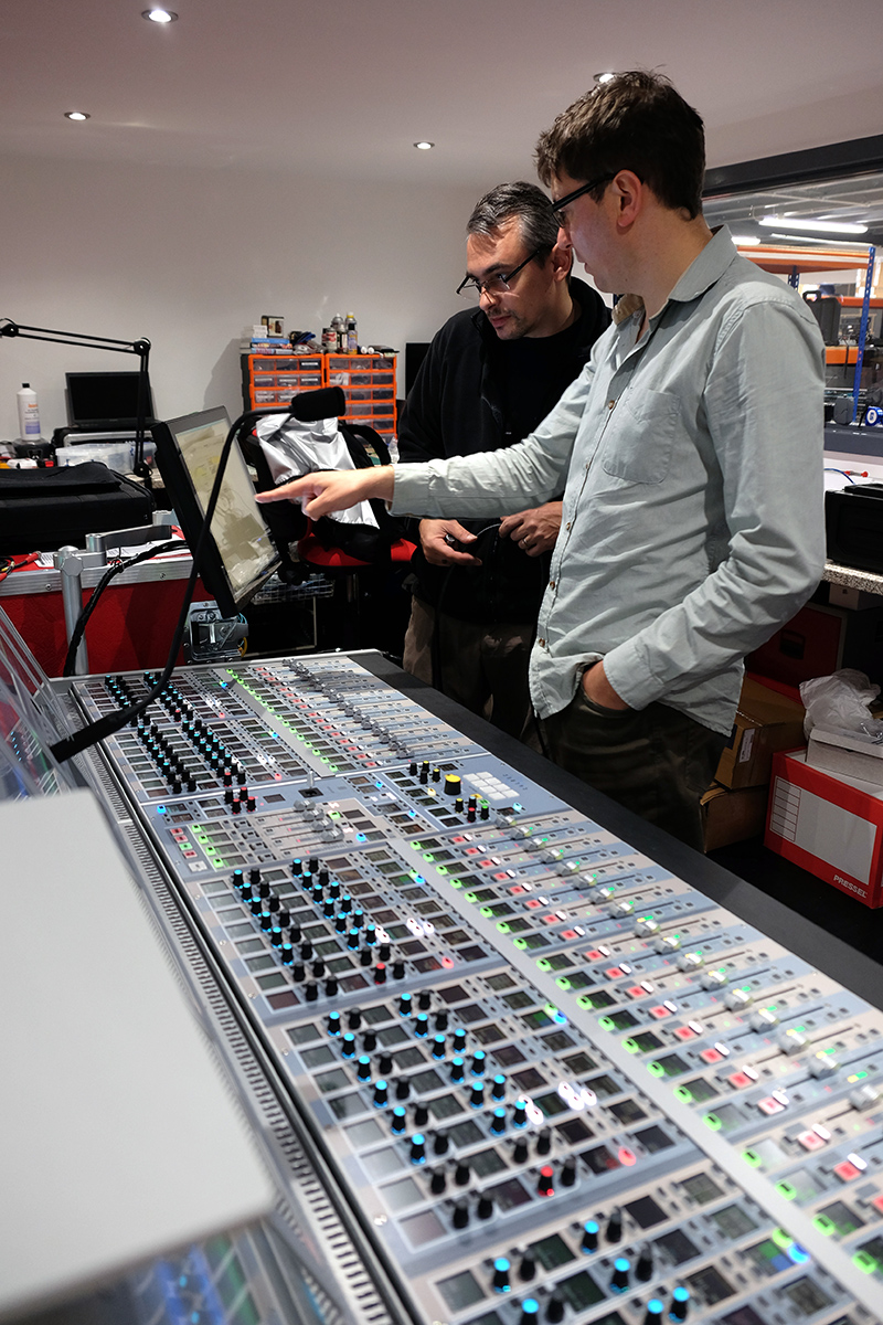 Alex Hadjigeorgiou at fac365 and Jim Green from Calrec prepping our Artemis console for use by NEP Visions at Wimbledon 2016